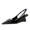 Fashion Wedges Women Shoes High Heel Shallow Pointed Toe Hollow Back Straps Patent Leather Triangle Metal Crystal Buckle Pumps