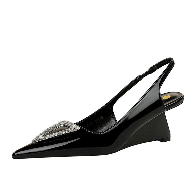 Fashion Wedges Women Shoes High Heel Shallow Pointed Toe Hollow Back Straps Patent Leather Triangle Metal Crystal Buckle Pumps