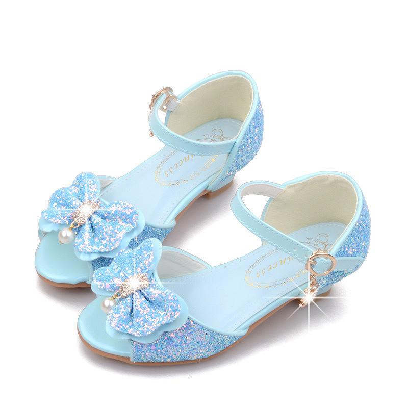 New Korean-style high-heeled girls' sandals, fashionable children's shoes with bows and sequins, Frozen princess shoes