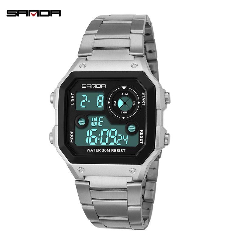 Sanda Men's Waterproof Multifunctional Digital Watch - Small Square, Steel Band