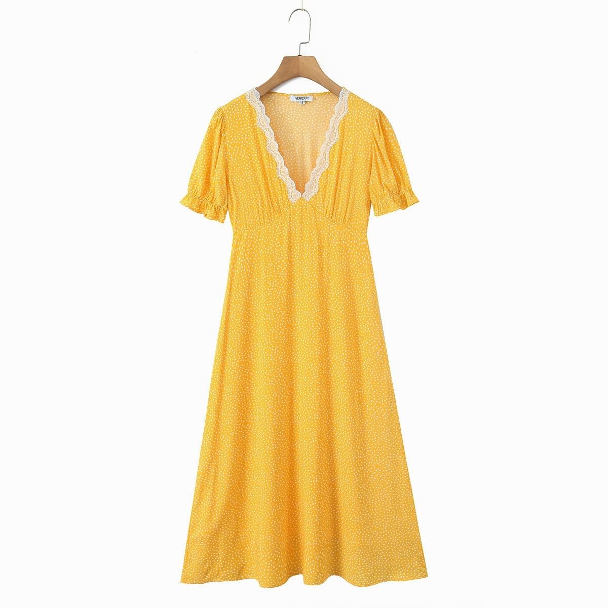 European and American style, new women s clothing, foreign style, classic versatile, French lace polka dot dress S жёлтый