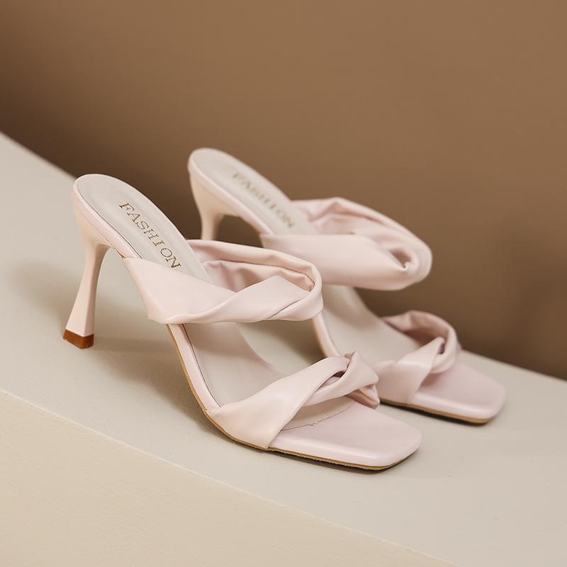 Fashion 2025 Summer Square Head Open-toed Thin Soft Soled Slippers One-line Sandals Women Shoes Versatile High Heels