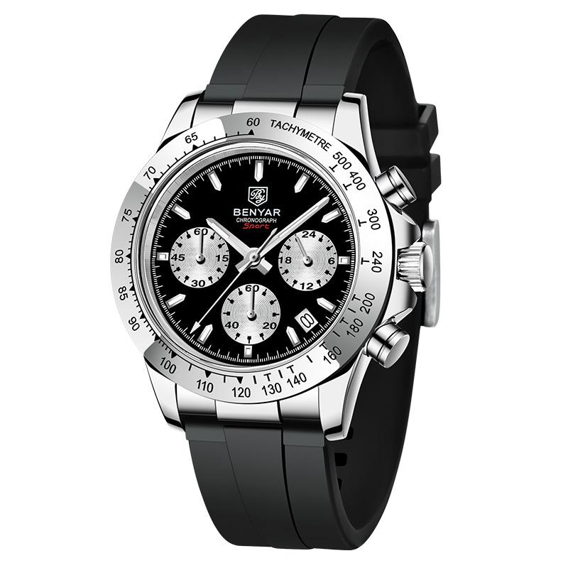 BENYAR New Casual Mens Quartz Watches Steel Bezel Silicone Strap Waterproof Multifunctional Luminous Wristwatch For Man