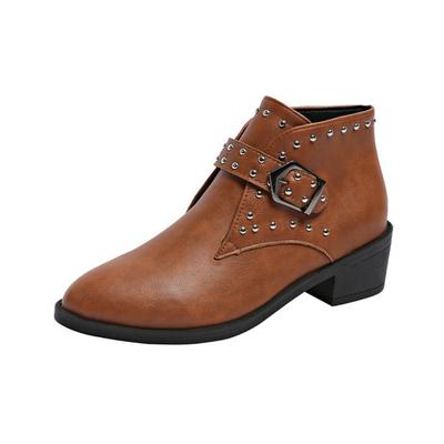 Fashion 2025 New Retro Pointed Toe Leather Thick Heels Women Chelsea Boots Black Brown Modern Shoes Rivet Belt Buckle Ankle Boot