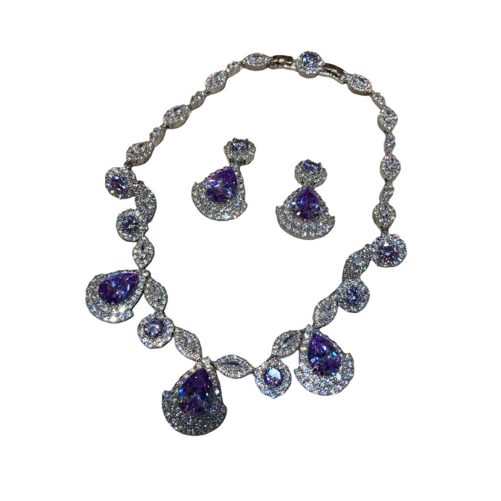 Luxury Purple Crystal Necklace Earrings Set Women'S Zircon Premium Evening Dress Banquet Accessories