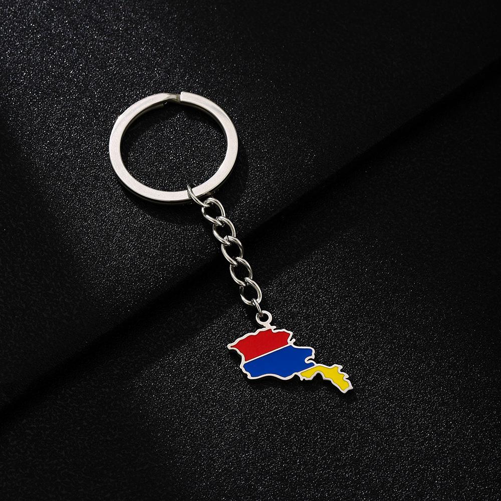 Stainless Steel Armenian Map Flag Pendant Keychain - Unisex Retro Ethnic Style