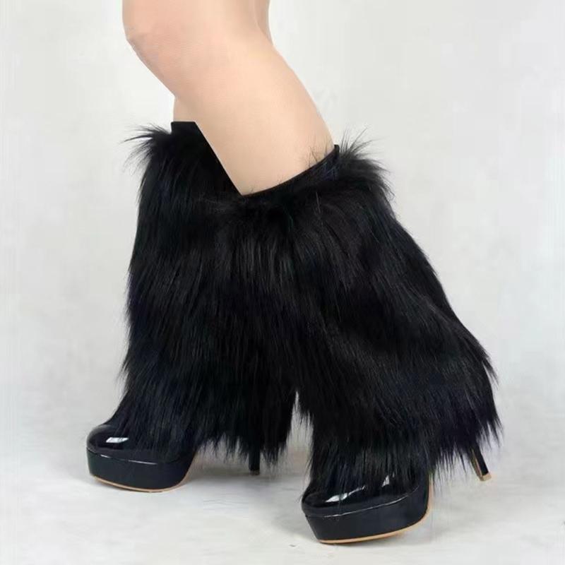 Women's Fuzzy Faux Furs Leg Warmers Furs Heels Long Boots Cuffs Cover One Pair Carnivals Boot Cover Y2K JK Uniform Socks