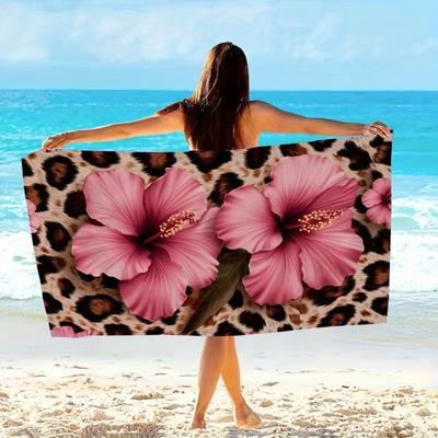 Leopard Print Hibiscus Flower Microfiber Beach Towel Pink Floral Animal Print Design Quick Dry Towel
