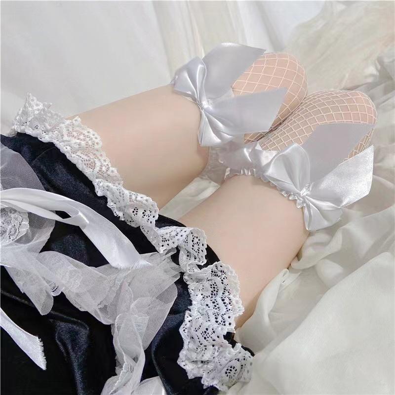 Lolita Bowknot Thigh High Stockings Women Sweet Over Knee Socks Lace Mesh Legging Female Punk Hollow Fishnet Pantyhose Hosiery