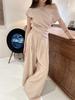 2026 SS Women's Elegant Apricot Pleated Two-Piece: Off-Shoulder Top & Wide-Leg Floor-Length Pants