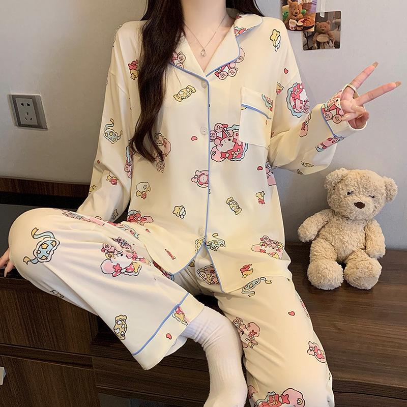 Imitation cotton ins style bow pajamas women's spring new fashion lazy long-sleeved loungewear two-piece set