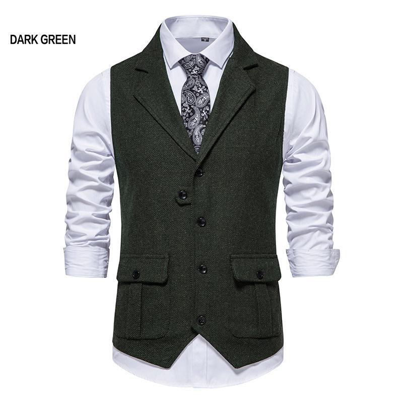 Mens Wool Mix Herringbone Tweed Check Vintage Collar Waistcoat Tailored Fit Vest