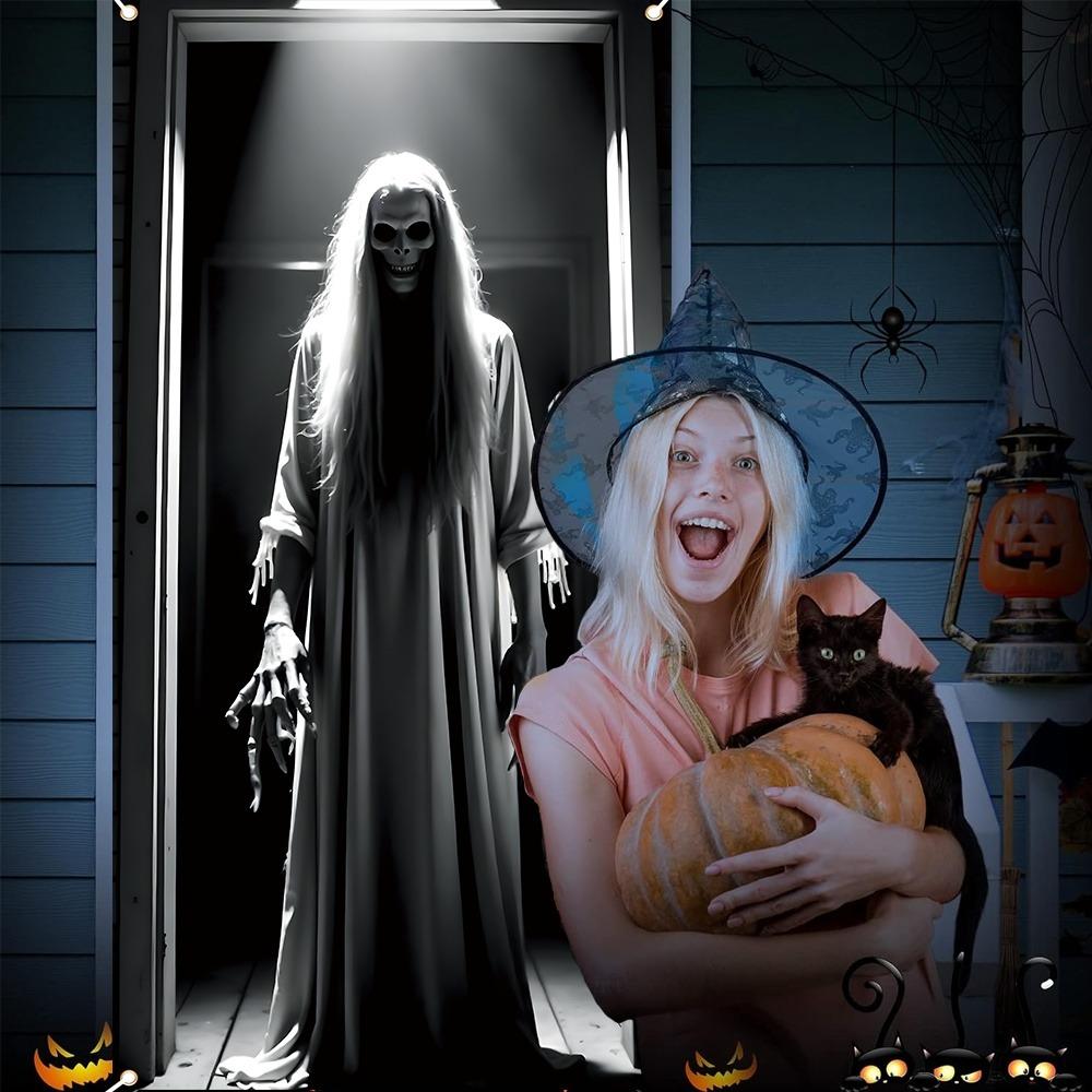 Halloween Horror Door Banner Long Haired Skeleton Ghost Haunted House Entrance Decor Spooky Theme Party Courtyard Ornament