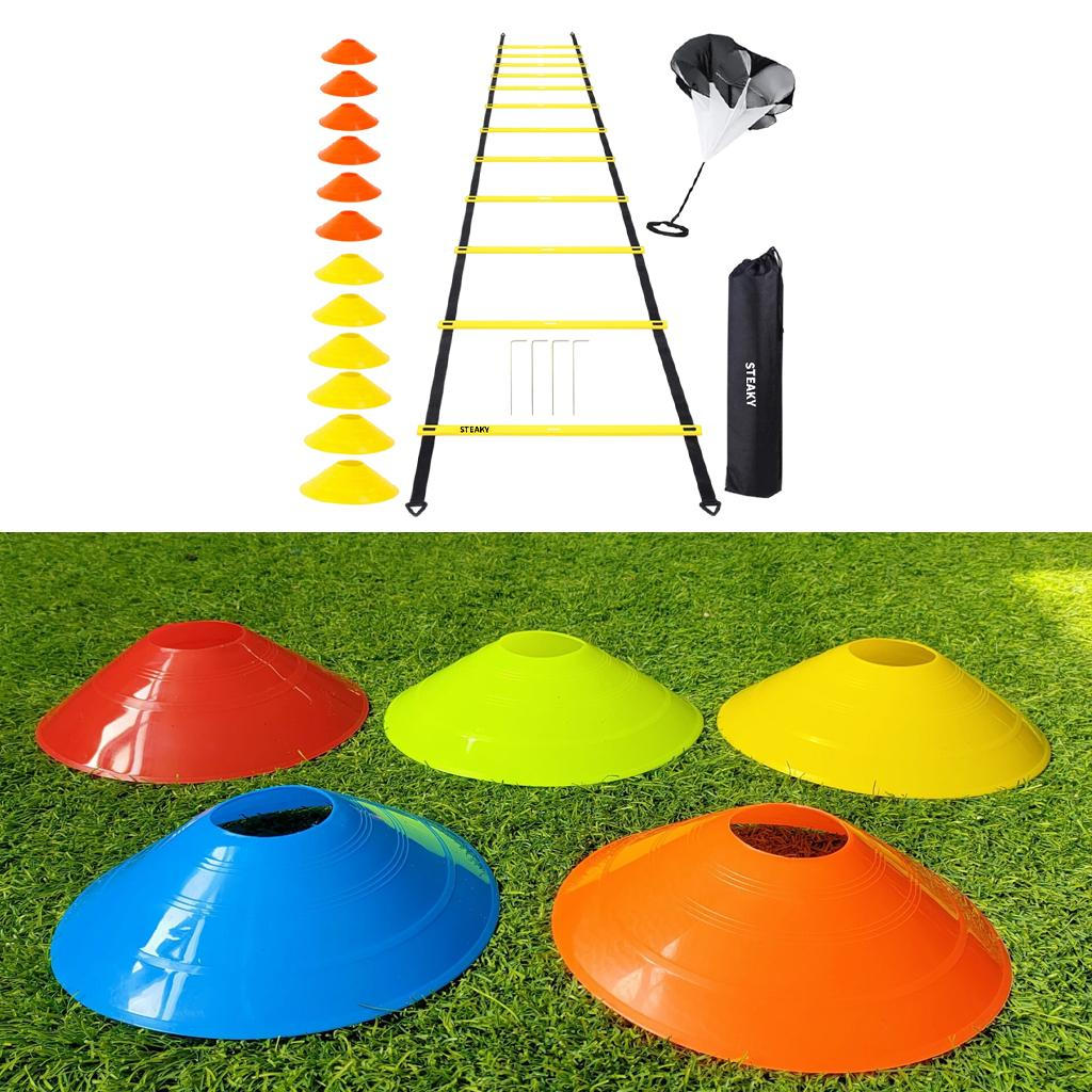 Zestaw do treningu zwinności—Zawiera drabinę 12 szczebli z torbą transportową, pachołki, Użyj