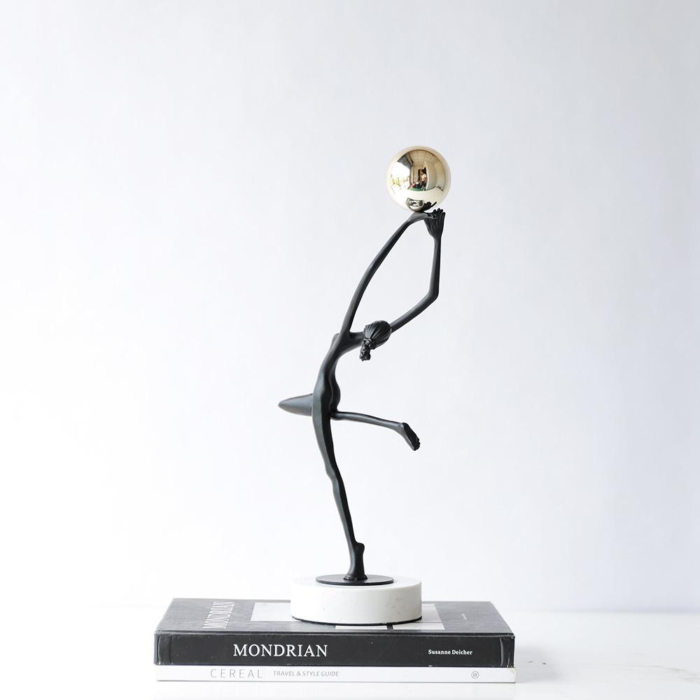 Black Cast Iron Man Holding Golden Ball, Abstract Art Dancing Girl Figure Sculpture, Metal Crafts, Interior Decoration Ornaments