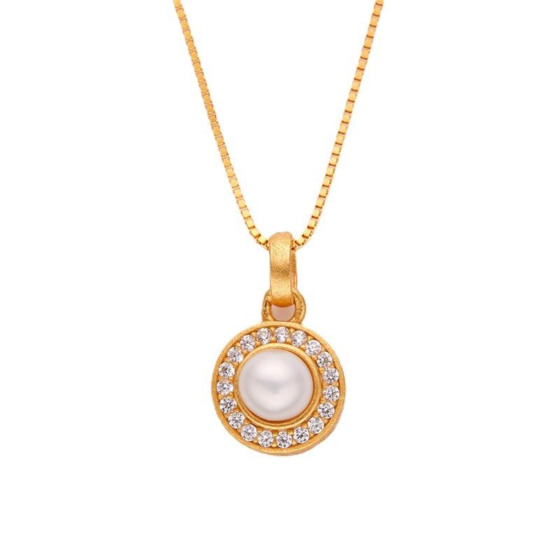 S925 Sterling Silver Ancient Gold Craft Zircon And Pearl Necklace Women'S Luxury Atmospheric Pendant
