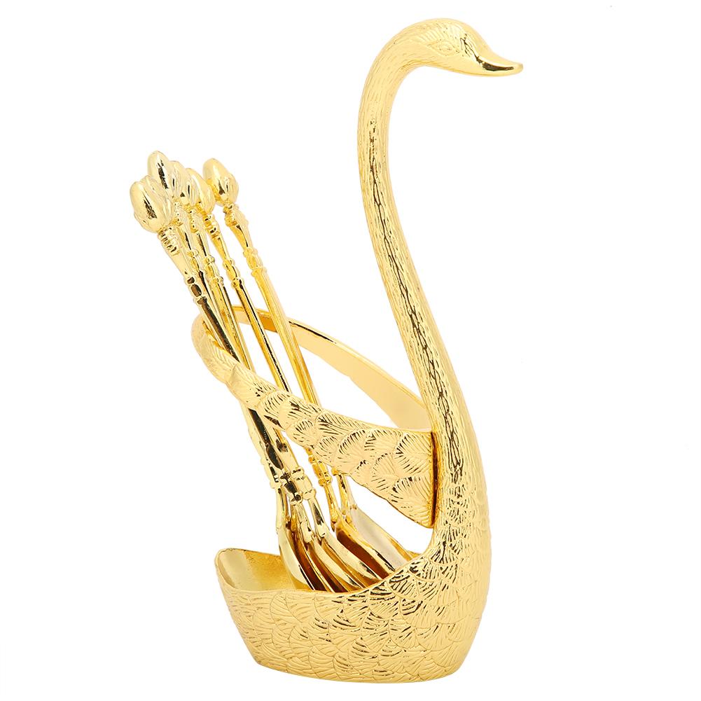 Zinc Alloy Swan‑Shaped Bracket Fruit Dessert Spoons Set Kitchen Tableware Wedding Supplies(Gold 6 Spoons )