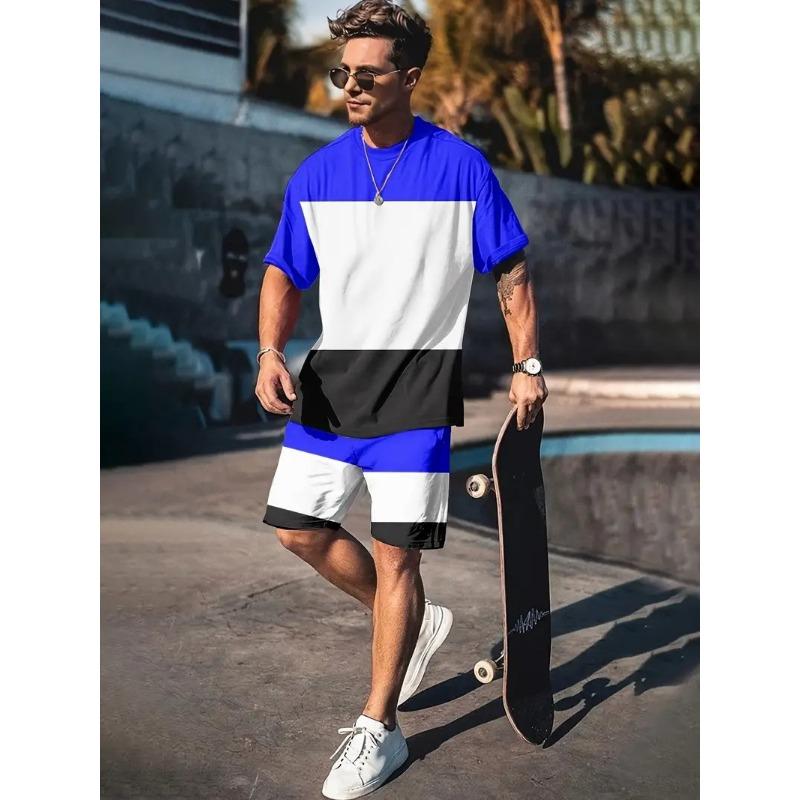 Men's Fashion Suit Harajuku Style Short-sleeved T-shirt + Shorts Two-piece Set Men's Trendy Sportswear Plus Size Casual Menswear