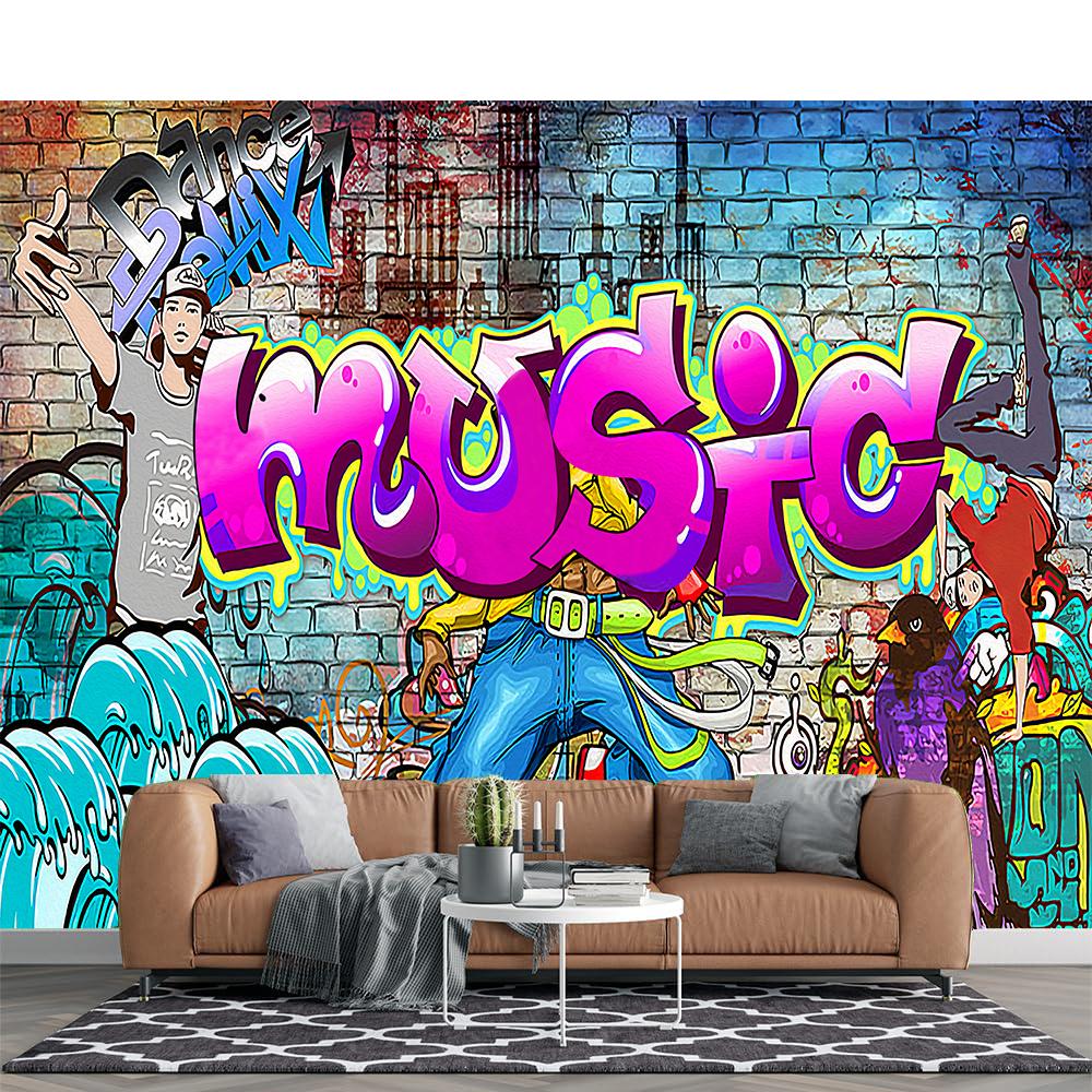 

Graffiti Wallpaper Cartoon 3d Mural Street Hip Hop Graffiti Wall Paper Brick Wall Background Home Decor 200 cm(W) x 140 cm(H)