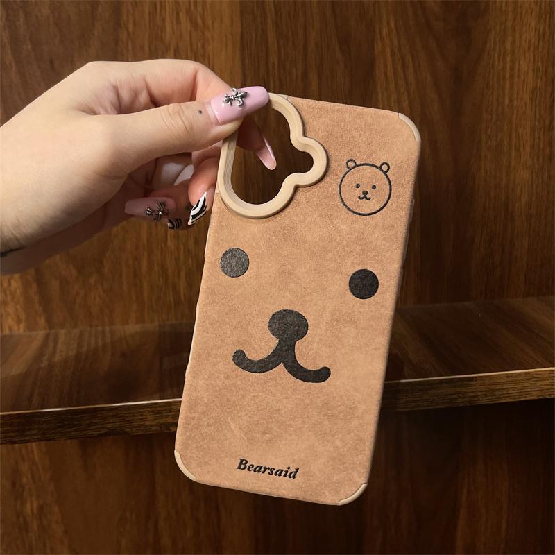 Cute Cartoon Bear Head for Apple 16promax Anti-fall Brown Plush Leather 15plus/12/14