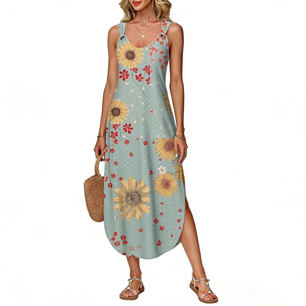 Damen Sommer Langes Kleid, Ärmellos Mit Seitenschlitzen, Langes Camisole-Kleid Mit Blumendruck