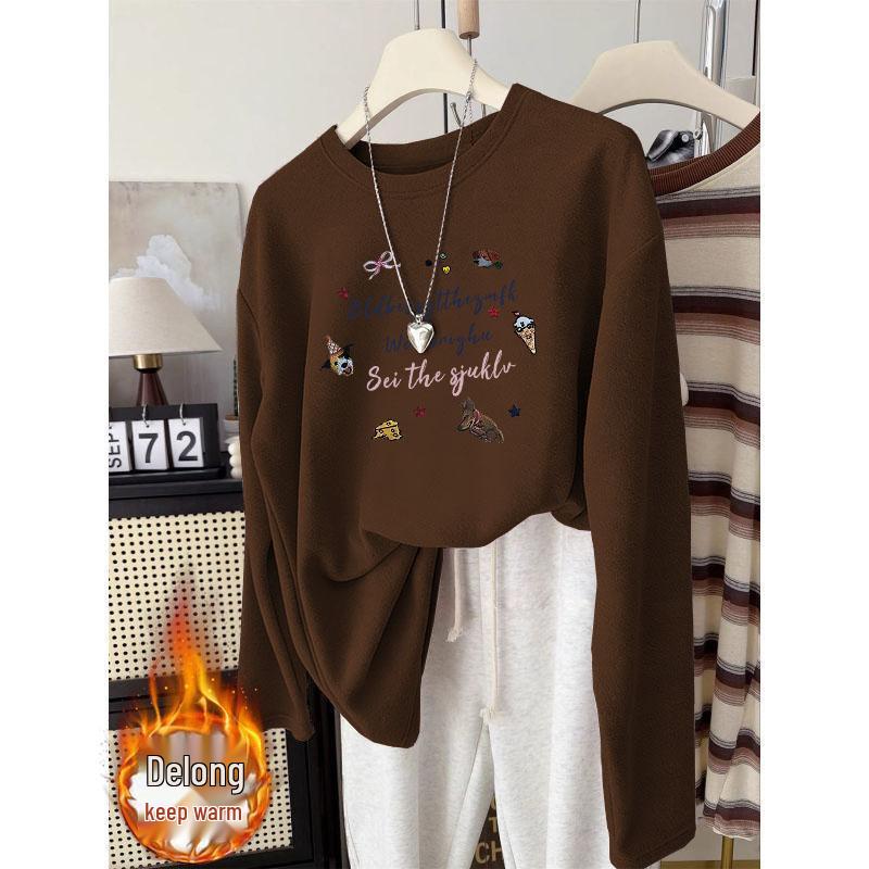 

Trendy Korean-Style Plus-Size Fleece T-Shirt: Cozy, Long-Sleeved, Round Neck for Autumn/Winter XL (115-130 kg)