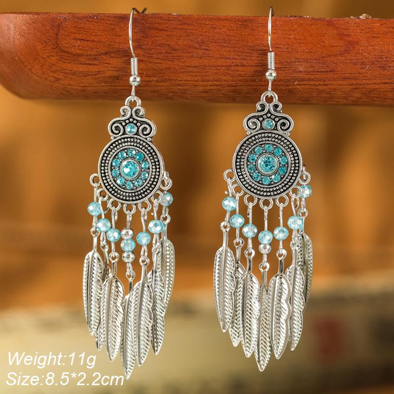 Blue Fashion Boho Temperament Water Drop Feather Earrings for Women Long Crystal Rhinestone Drop Oil Dangle Earring Jewelry