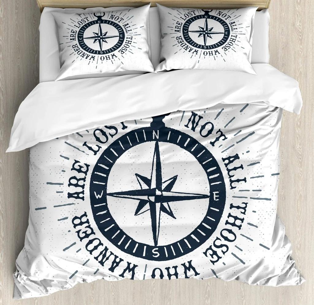 Compass Duvet Cover SetHand Drawn Windrose Floral Arrangement Design Compass Boating Theme PrintBedding Set DecorFull Size
