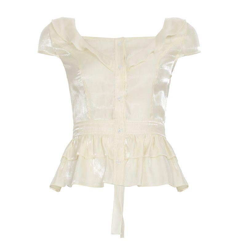 

H s European and American Women s Clothing Pure Desire French Soft Silk Fabric Doll Collar Shirt Women s Stylish Waist-Tight Breasted Short Top Skin color L