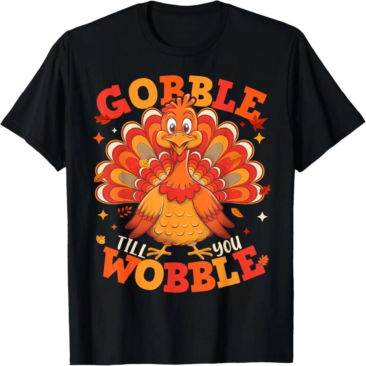 Gobble Til You Wobble Turkey Pilgrim Boys Men Thanksgiving T-Shirt S