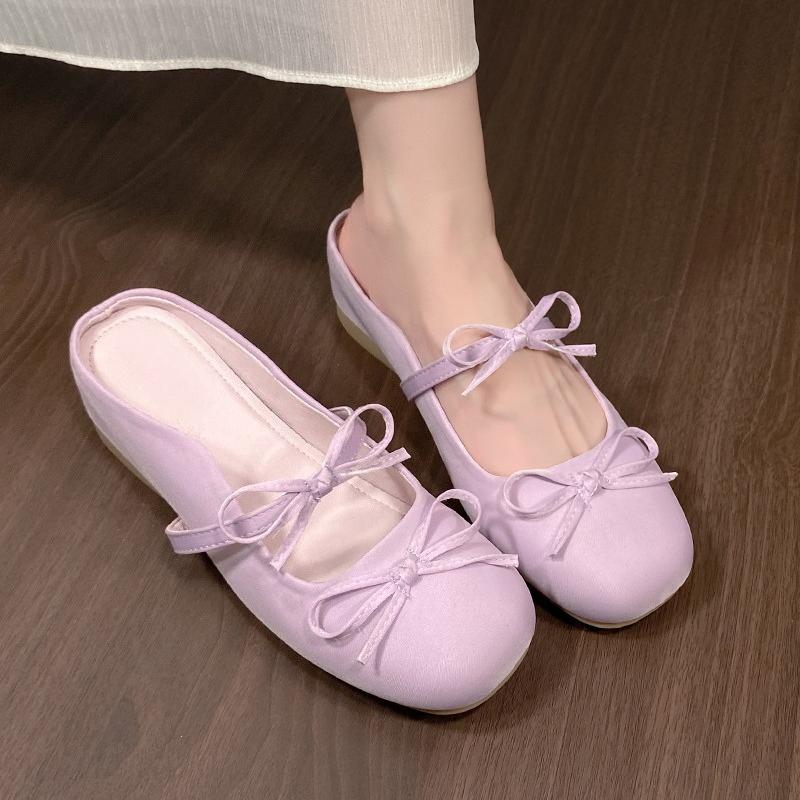 Fashion Round Toe Bow Ballet Style Heightened Inner Baotou Half Slippers Women's Outer Wear Spring and Summer New Flat Shoes