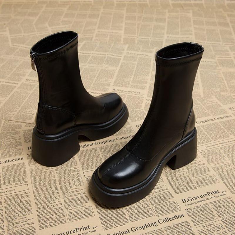 Black Thick-soled Martin Boots Women's New Autumn and Winter Velvet High-heeled Thin Boots Thick-heeled Short Boots