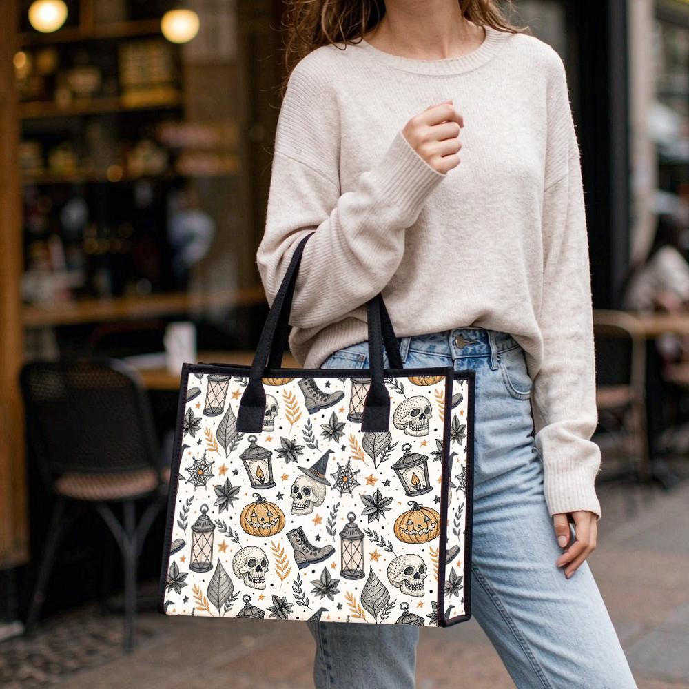 Halloween Pattern Canvas Tote Bag Casual Portable Large Capacity Shoulder Handbag for Daily Use