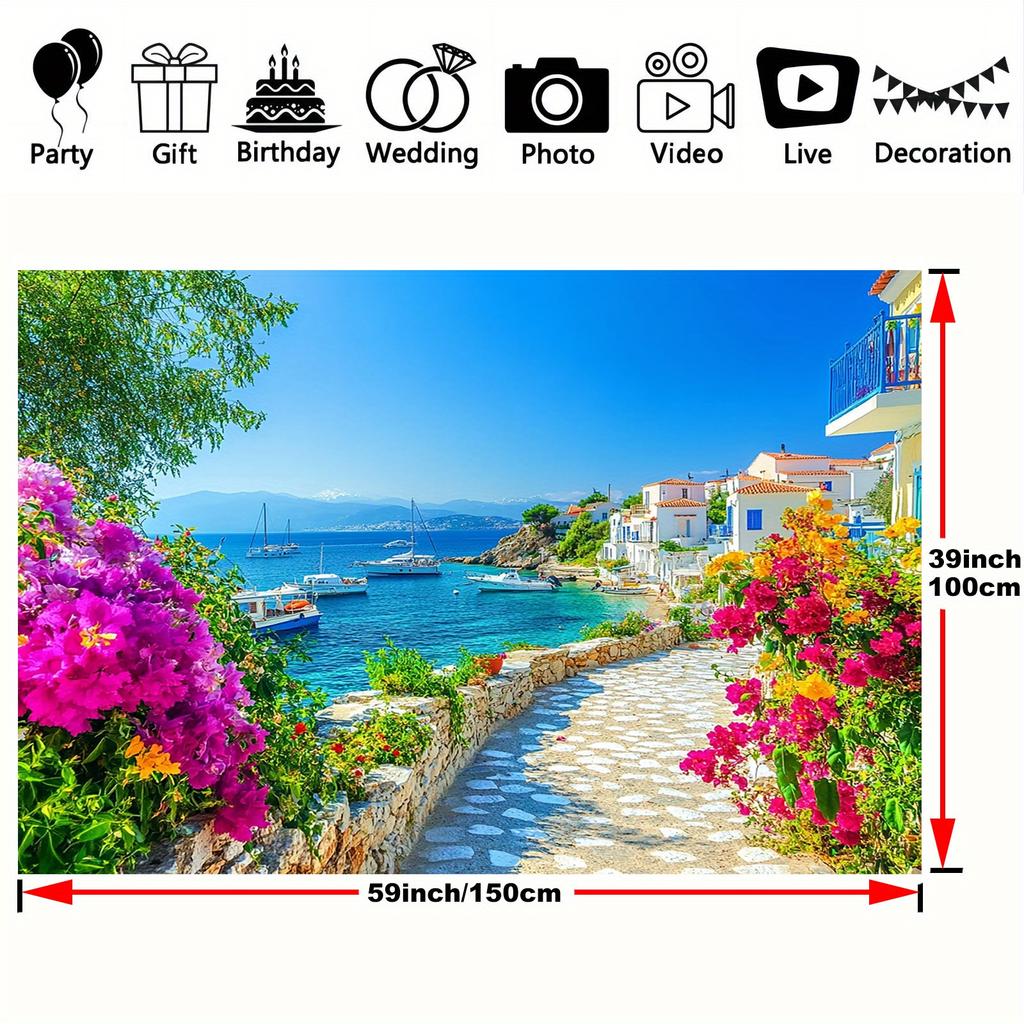 Summer Greek Island Themed Polyester Background Fabric Sea and White House Suitable for Birthday and Wedding Decorations