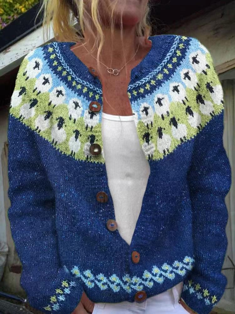 Women's Pink V-Neck Knit Cardigan with Jacquard Floral Pattern