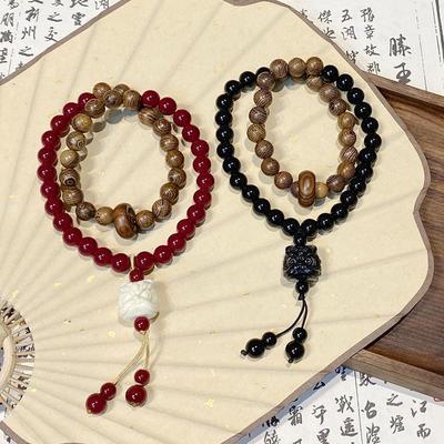 New Chinese-style Couple's Lion-dancing Wood Glass Beads Double Circle Niche National Style High-end Fashion Bracelet New
