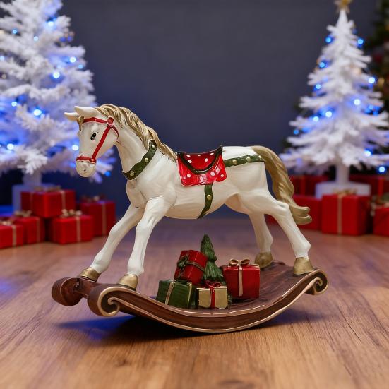 Hand-painted Rocking Horse Statue Vintage Wooden Horse Figurine Resin Pony Sculpture Home Office Desktop Decoration