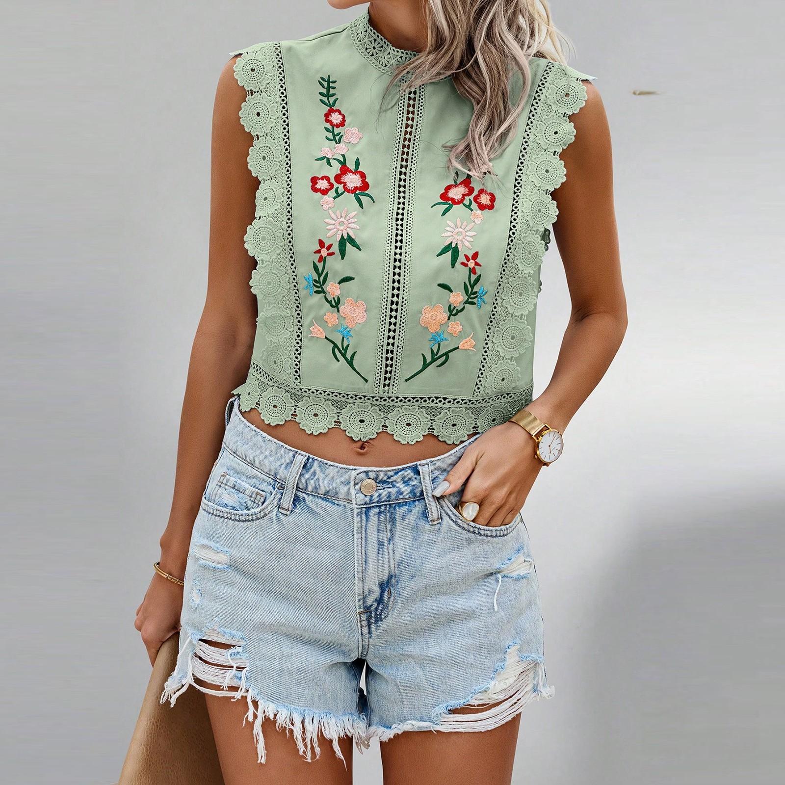 

Женская мода Круглый вырез Без рукавов Кружево Кружево Вышивка Ажурная футболка Шифоновый топ M зелёный