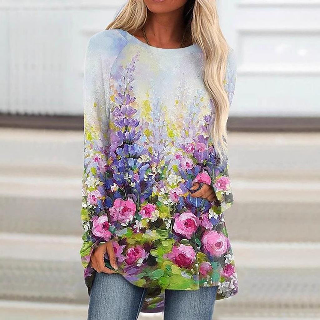 Round Neck 3D Flowers Butterflies Dragonflies Printed Top Fashionable Casual Long Sleeved Women's T-shirts
