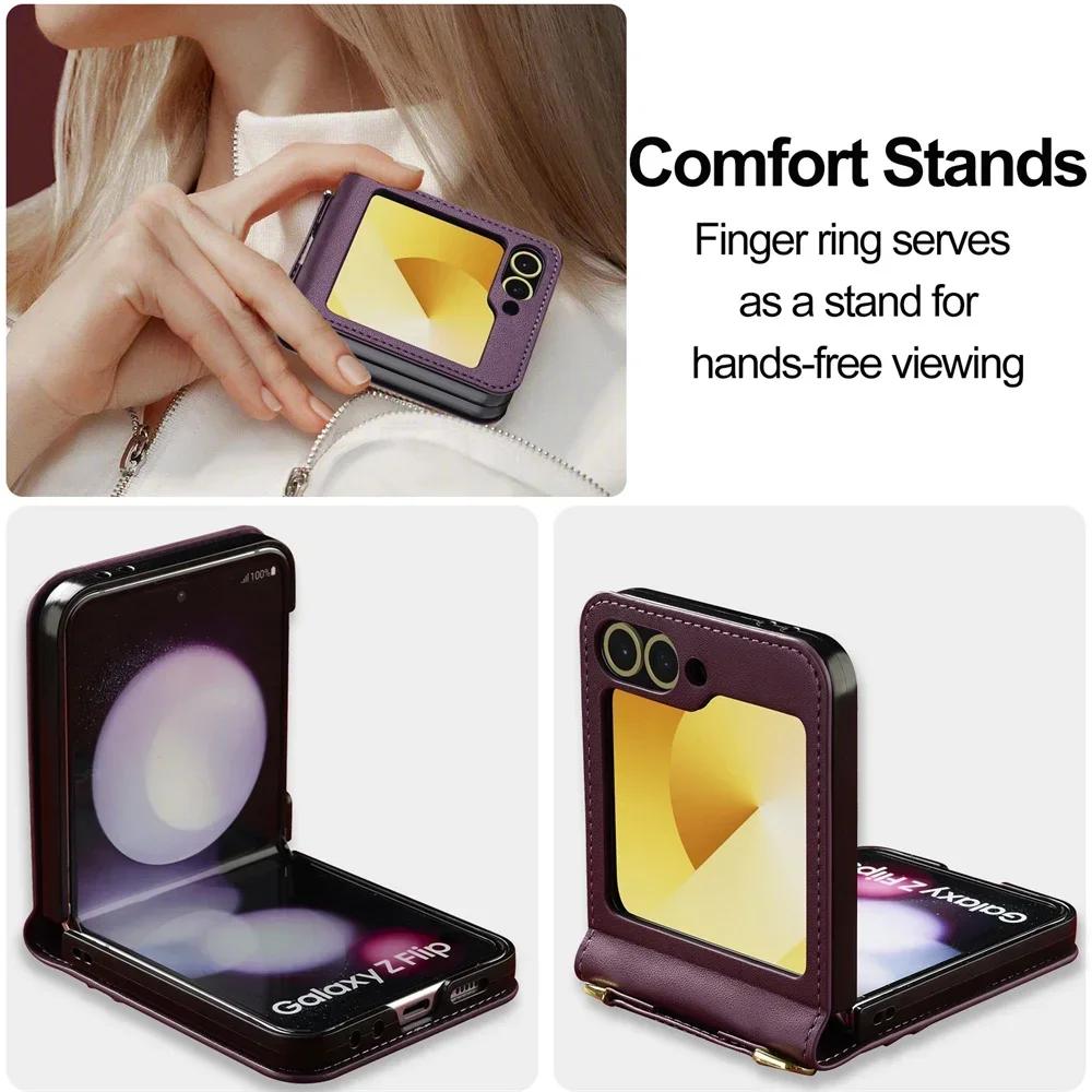 High Quality Crossbody Wallet Phone Case for Samsung Galaxy Z Flip 7 6 5 4 3 Card Holder Detachable Lanyard Leather Mobile Cover