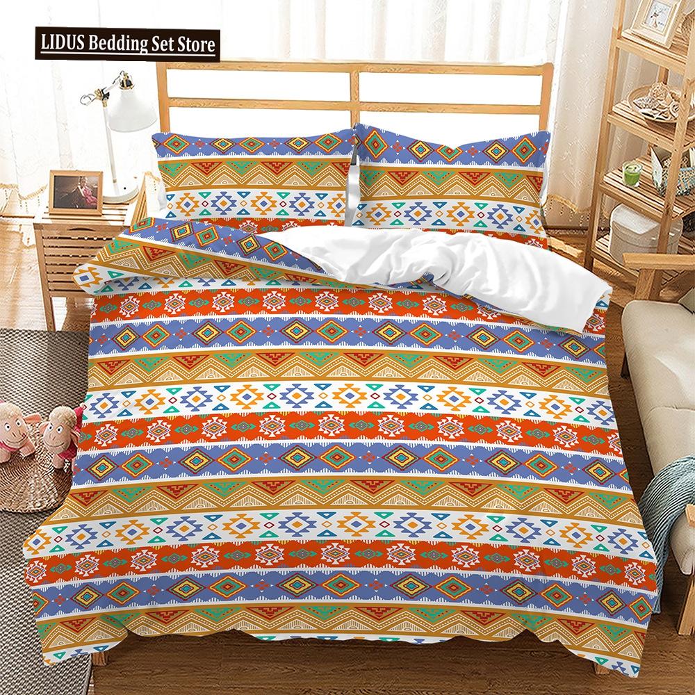 Bohemian Duvet Cover Set 3 Pieces Trellis Striped Ethnic Boho Vintage Quilt King Queen For Boy Girls Teens Polyester Bedding Set