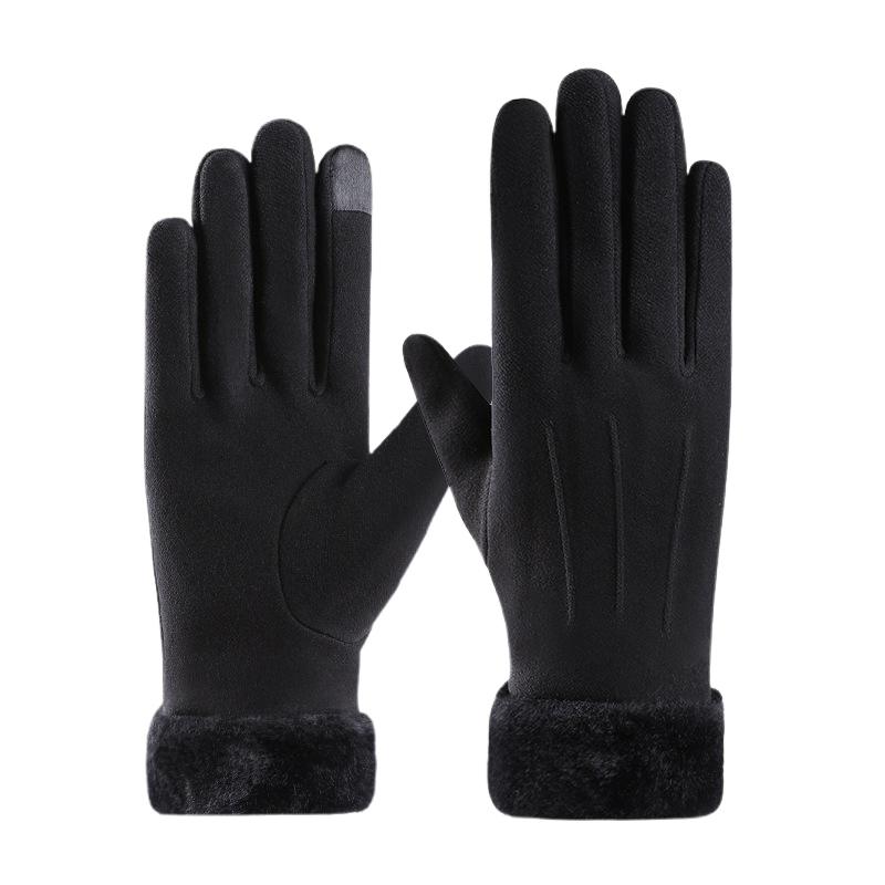 Autumn Winter Warm Suede Gloves Plus Velvet Thickened Plush Decor Cuff Gloves Outdoor Coldproof Touchscreen Riding Ski Gloves