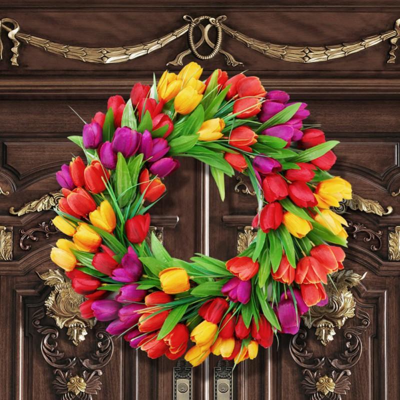 Artificitial Tulip Wreath Front Door Hanging Decoration 40cm Floral Garland Wall Pendant for Home Decor Wedding
