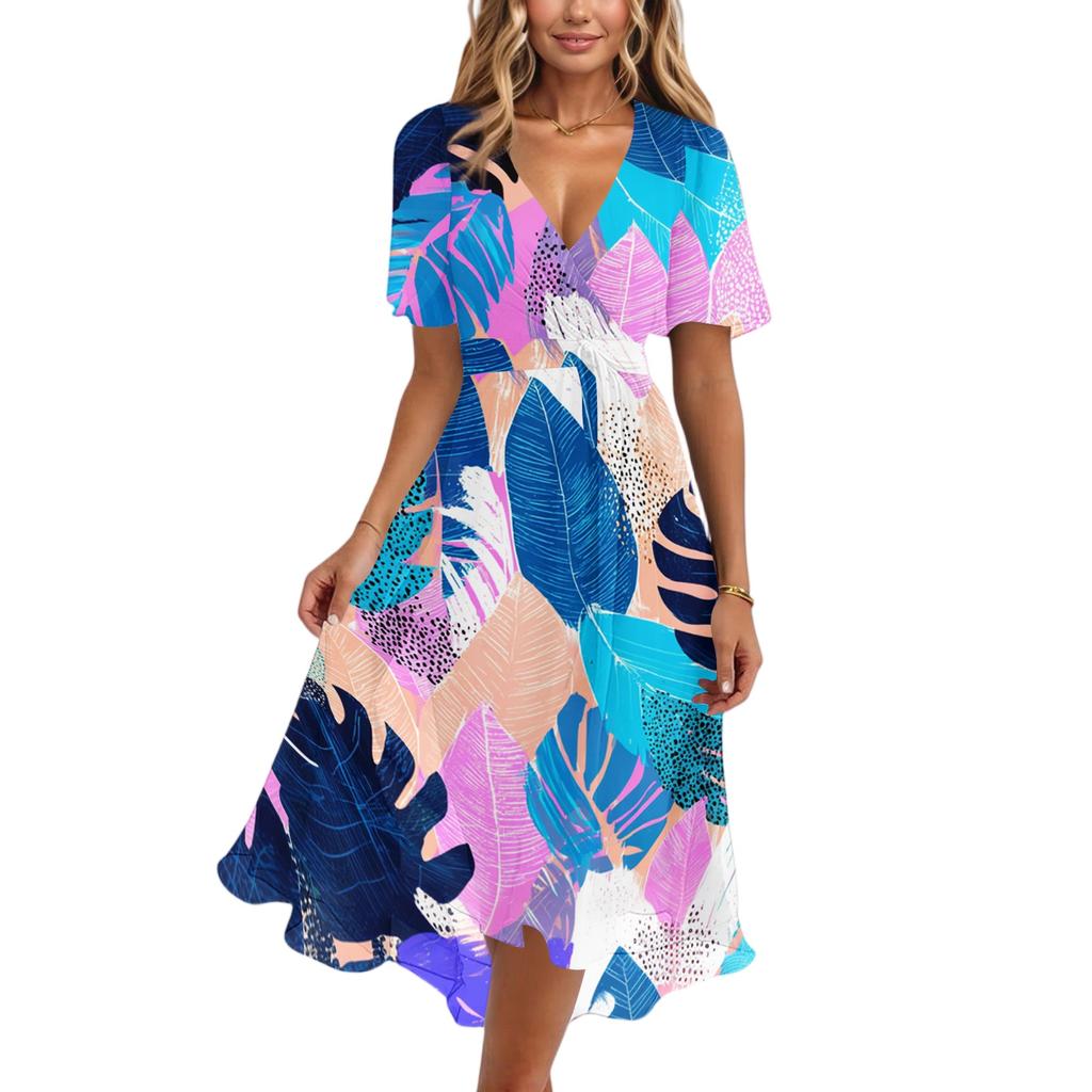 Women's Fashion Casual V Neck Short Sleeve Ruffled Vintage Printed Dresses