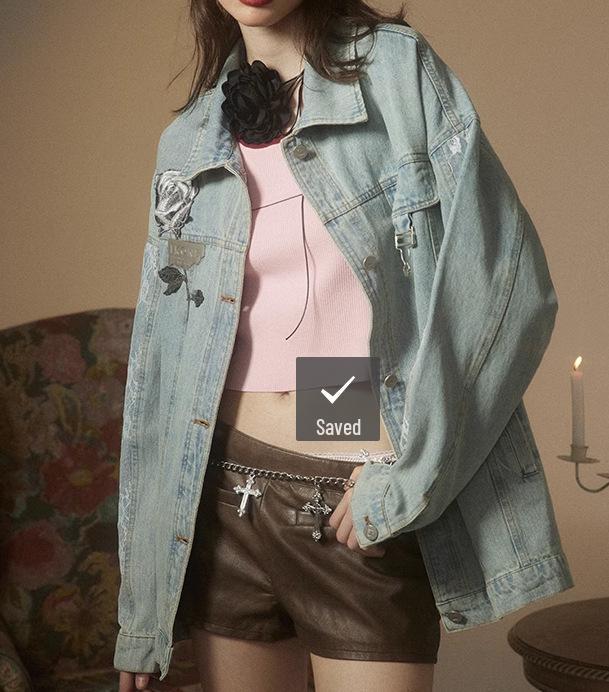 

Женская джинсовая куртка с вышивкой розы - Американский ретро, Весна/Осень 2023, Стиль колледжа XL синий