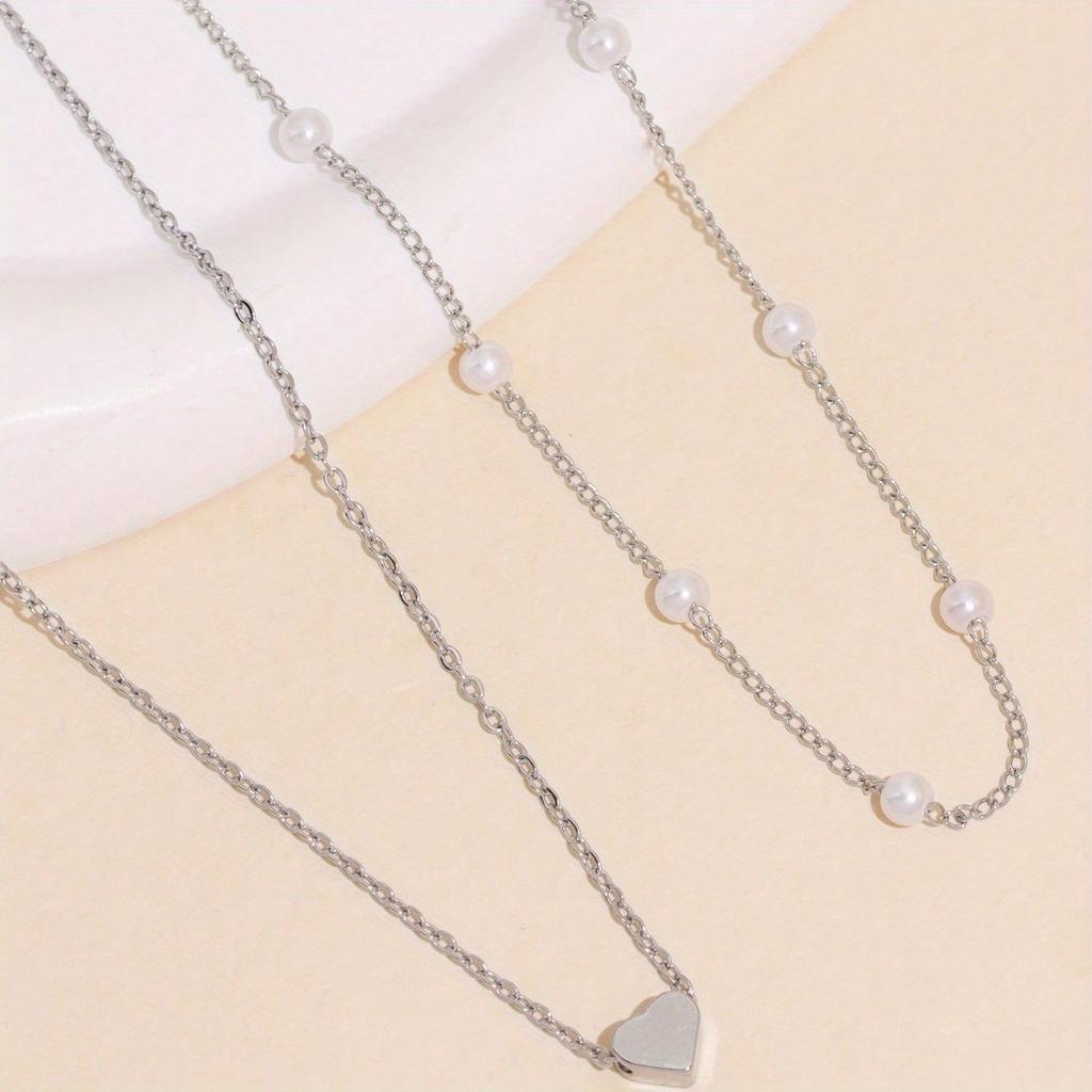 1pcs Imitation Pearl Heart Pendant Necklace, Retro Double-Layer Layered Design, Women'S Versatile Temperament Collarbone Chain