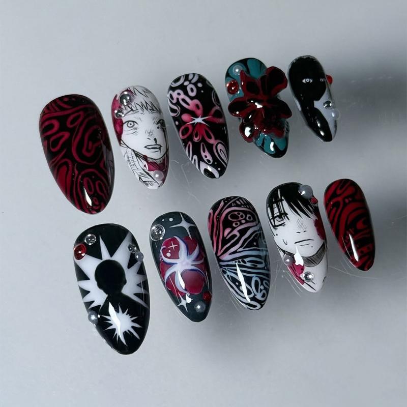 24Pcs Black Red Gothic Oval False Nail Anime Manga Press On Nail 3D Rhinestone Spider Fake Nail Y2K Almond Nail For Women