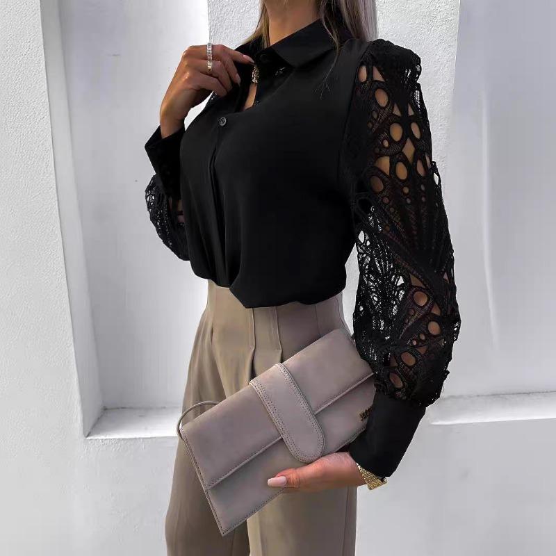 New Spring and Summer Women's Solid Color Lace Stitching Hollow Lapel Fashionable Shirt