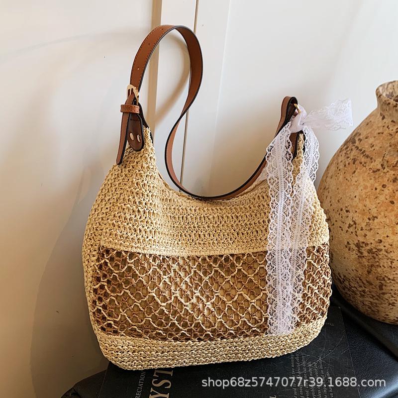 Woven bag women's 2025 spring new fashionable large-capacity beach bag casual simple commuting retro crossbody bag