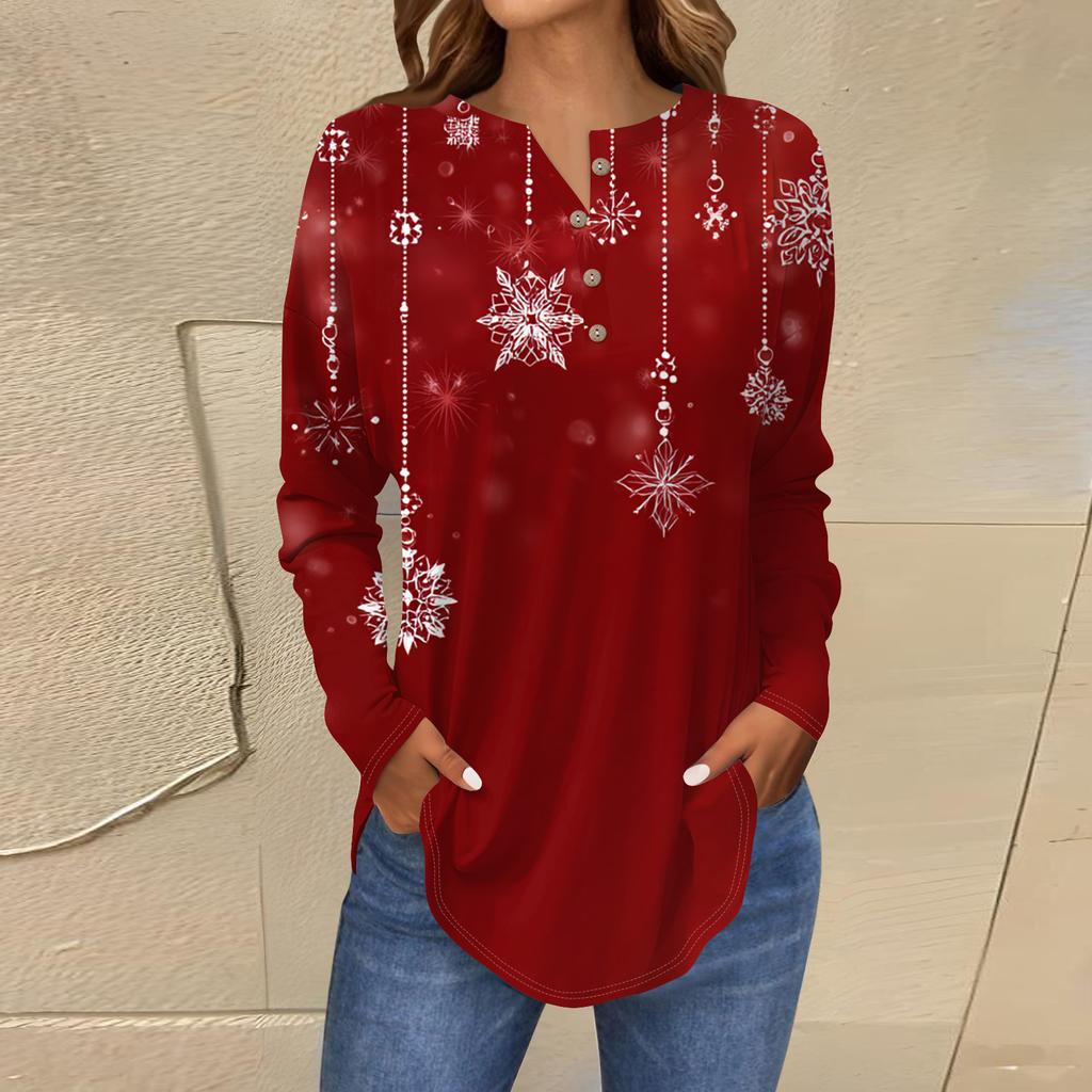 Women's Fashionable Loose-Fit Button-Down Collar Christmas Print Long-Sleeved Top